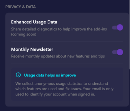 Screenshot of the Privacy & Data section showing