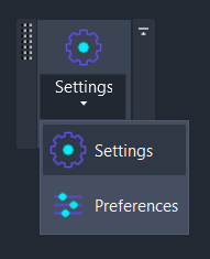 Screenshot showing the Settings button location on the Amorphous ribbon tab, in the Settings panel. Show the dropdown arrow indicating the split button.