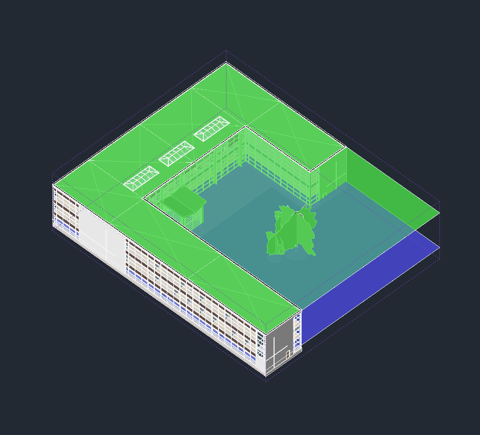 Screenshot showing the 3D view with green cut plane and blue bottom clip plane visible inside the section box