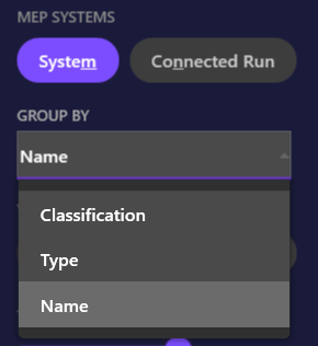 Screenshot showing the MEP System chip clicked with dropdown options