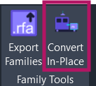 Screenshot showing the Convert In-Place button location on the Amorphous ribbon tab in the Family Tools panel