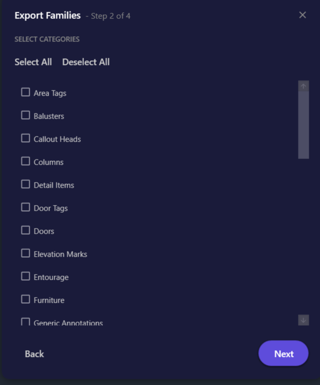 Full screenshot of the Export Families wizard dialog showing all UI elements