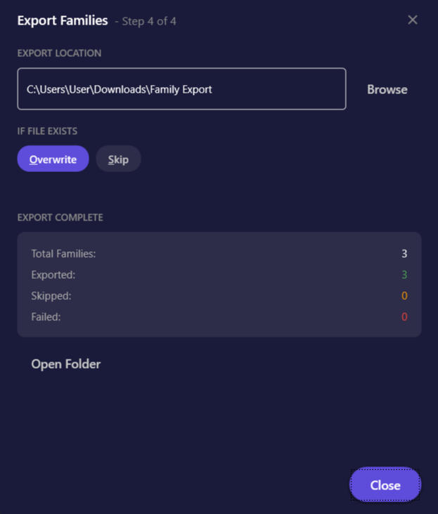 Screenshot of summary panel showing