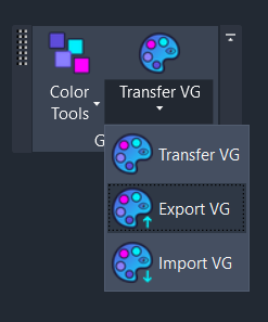 Screenshot showing the Export VG option in the VG Manager dropdown menu on the Amorphous ribbon tab
