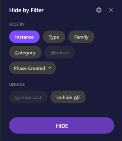 Screenshot of the Hide by Filter dialog showing