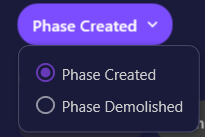 Screenshot showing the Phase chip with dropdown expanded, showing "Phase Created" and "Phase Demolished" options