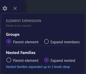 Screenshot of the settings popup showing