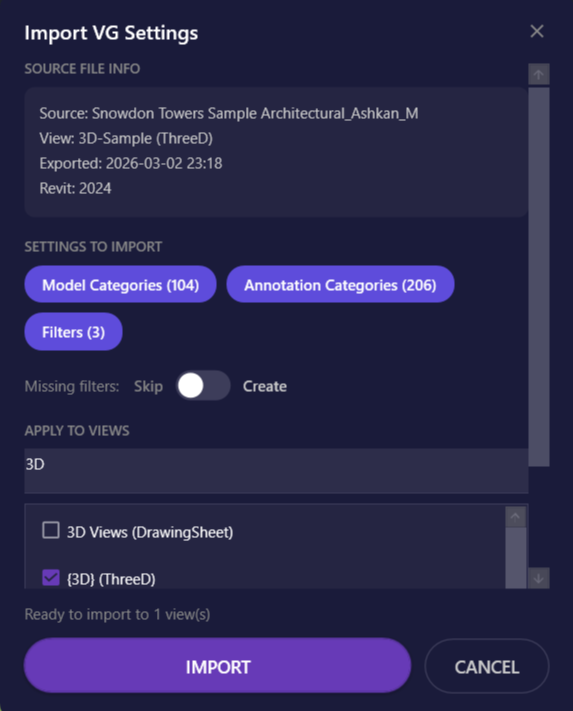 Screenshot of the full Import VG preview window showing all UI elements