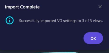 Screenshot of the Import Complete dialog showing success count and warnings