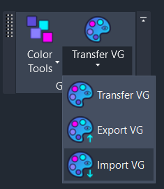 Screenshot showing the Import VG button location in the VG Manager dropdown on the Amorphous ribbon tab