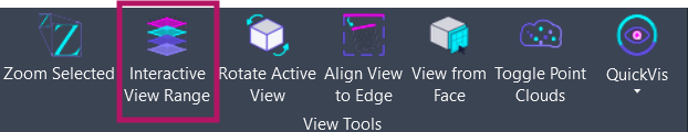 Screenshot showing the Interactive View Range button location on the Amorphous ribbon tab in the View Tools panel