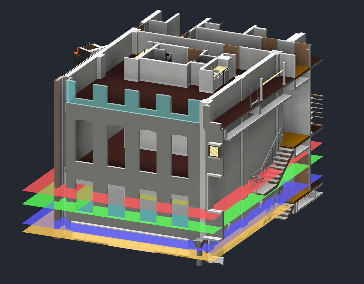 Screenshot of a 3D view showing all four colored planes stacked vertically with model elements visible between them