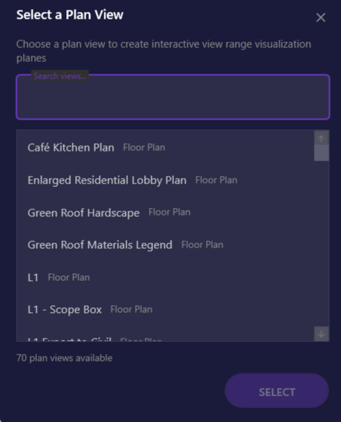 Screenshot of the plan view selection dialog with search box and list of plan views