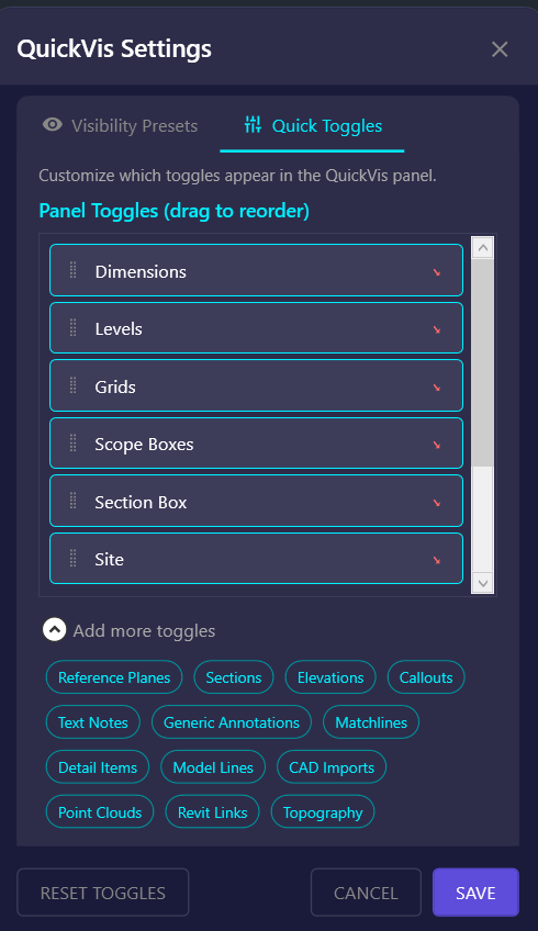 Screenshot of the active toggles list with drag handles and remove buttons