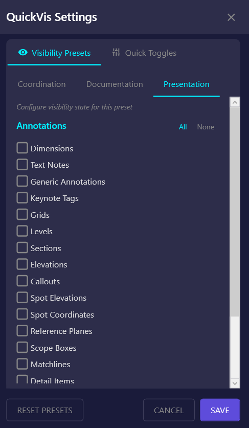 Screenshot of the Visibility Presets tab showing preset selection and checkboxes