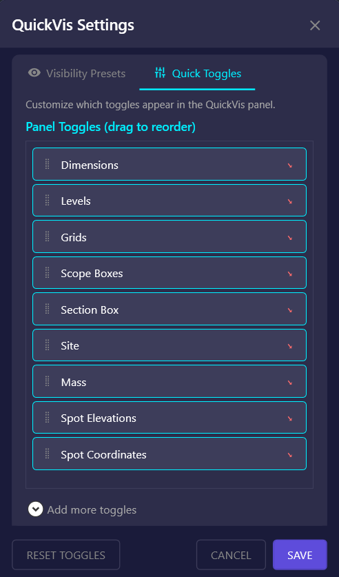 Screenshot of the Quick Toggles tab showing active toggles and available toggles