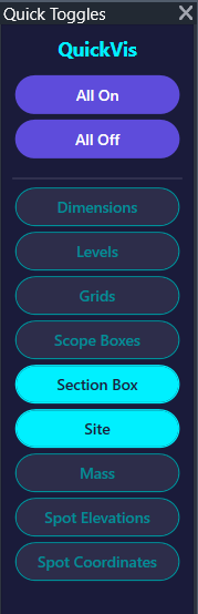Screenshot of the Quick Toggles panel showing toggle buttons, All On/All Off, and visual states
