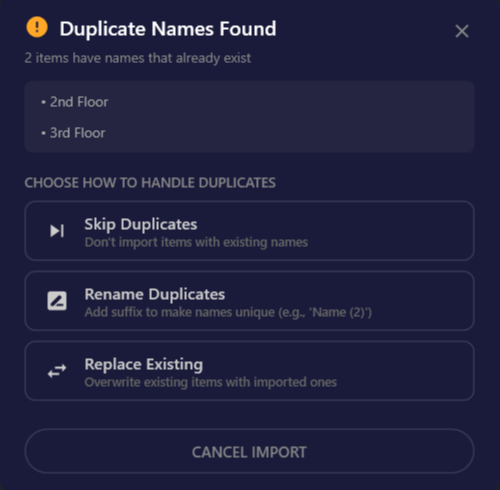 Screenshot of the Import Conflicts dialog showing