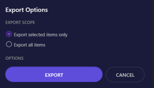 Screenshot of the Export Options dialog showing