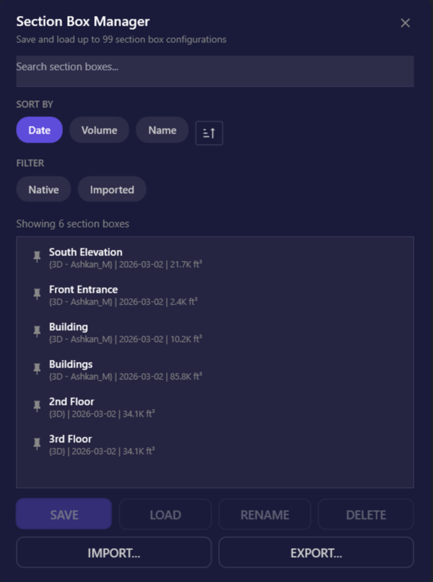 Screenshot of the full Section Box Manager window showing all UI elements