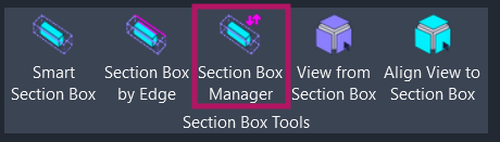 Screenshot showing the Section Box Manager button location on the Amorphous ribbon tab in the Section Box Tools panel