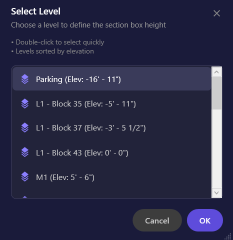 Screenshot of the Level Selection dialog showing a list of levels with elevations