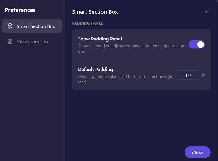 Screenshot of the Preferences dialog showing Smart Section Box settings
