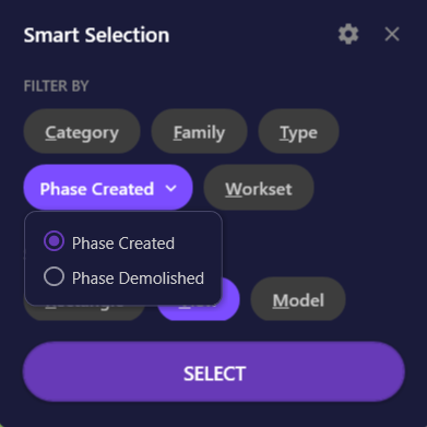 Screenshot of the Phase dropdown showing "Phase Created" and "Phase Demolished" options