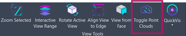 Screenshot showing the Toggle Point Clouds button location on the Amorphous ribbon tab in the View Tools panel