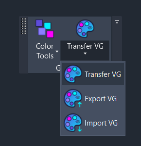 Screenshot showing the VG Manager dropdown on the Amorphous ribbon tab with Transfer VG option highlighted