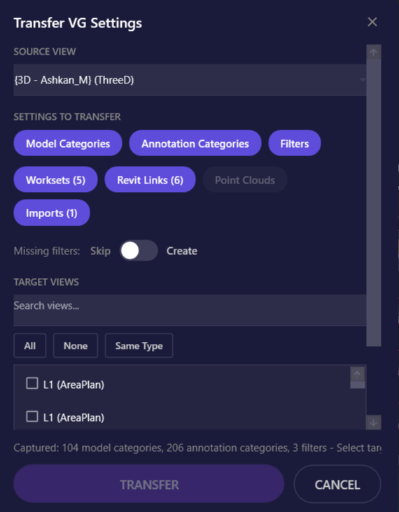 Screenshot of Transfer VG dialog showing