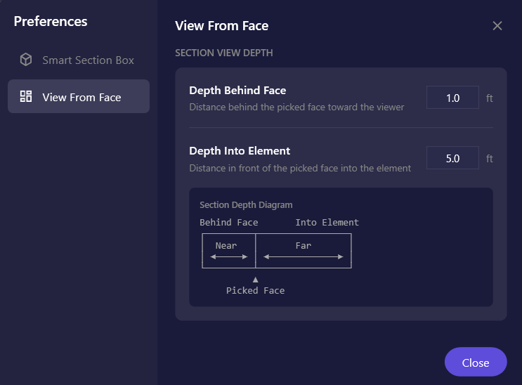 Screenshot of the Preferences dialog showing View From Face settings