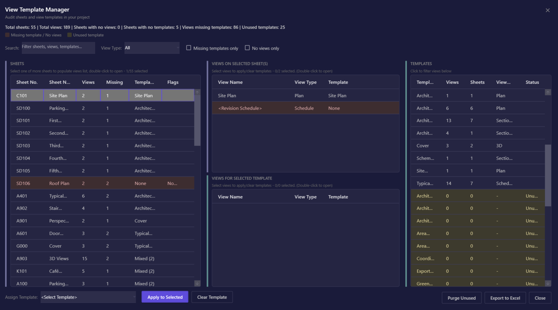Screenshot of the main Template Manager window with annotations pointing to