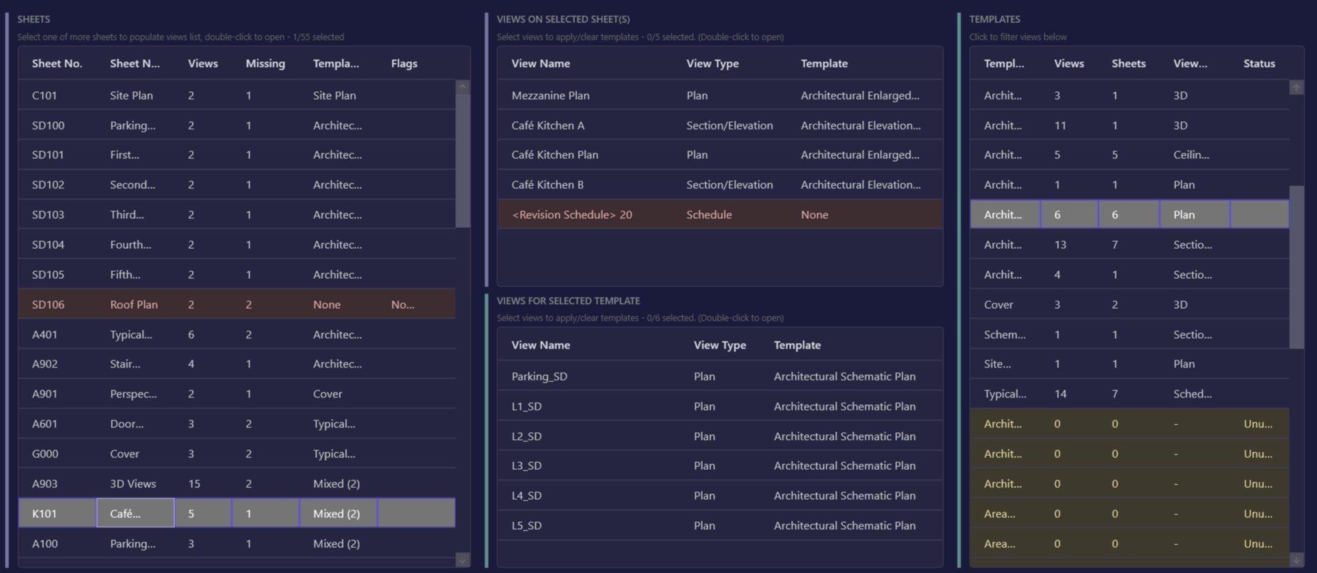 Annotated screenshot showing the three-column layout